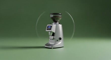 Modern coffee grinder with digital control panel placed on a green surface against a matching green background for brewing fresh coffee at home or in a cafe setting