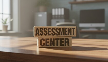 Wooden blocks spelling Assessment Center on a wooden desk in a blurry modern office, representing evaluation and recruitment.