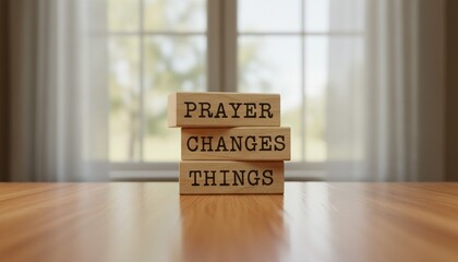 Wooden blocks spelling 'PRAYER CHANGES THINGS' on a wooden table, symbolizing faith and hope.