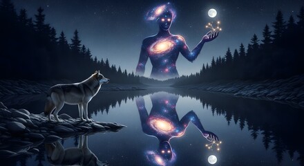 A surreal scene featuring a cosmic figure holding glowing orbs next to a wolf by a reflective lake under a starry night sky with a forest in the background