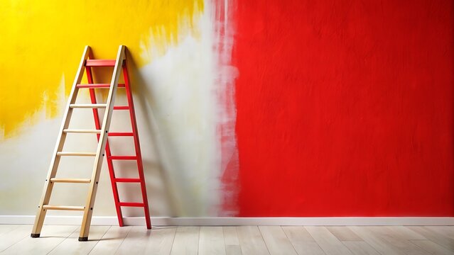 Two ladders stand before a wall being painted yellow and red