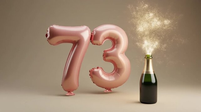Balloon shaped as number 73, next to popping champagne bottle. Neutral colors for birthday or anniversary