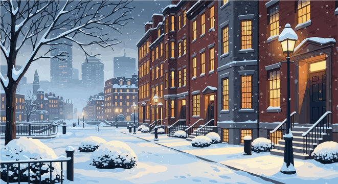 ​A serene vector illustration of a snowy city street on a winter evening. Traditional brick townhouses, with their warmly lit windows, contrast beautifully with the cold, dark, and snow-covered urban 