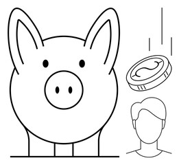 Piggy bank with falling coin and human silhouette represents saving, personal finance, economy, wealth, goal setting, budgeting, and investment. Ideal for simple flat metaphor