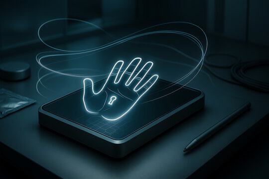 Futuristic security concept with glowing hand hologram on tablet