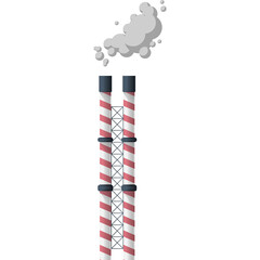 Two Tall Industrial Chimneys with Red and White Stripes Emitting Smoke Against a White Background
