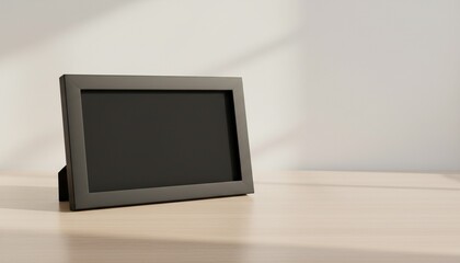 Blank black photo frame mockup on a light wooden table against a white wall with natural light and shadow.