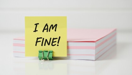 Yellow sticky note with 'I AM FINE!' message and binder clip on a stack of papers, representing emotional facade.