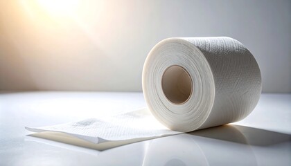 Roll of white paper towels on a white surface.