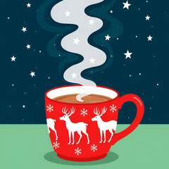 A festive vector illustration of a bright red and green Christmas mug with a white reindeer and snowflakes. Steam rises against a starry night sky.