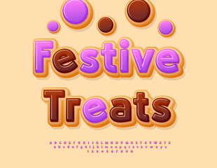 Vector Delicious sticker Festive Treats. Sweet Cake Font. Tasty  Alphabet Letters and Numbers set. 