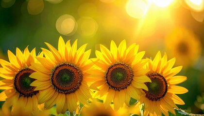 Obraz premium A row of vibrant sunflowers bathed in the warm glow of the sun, creating a cheerful and natural scene.