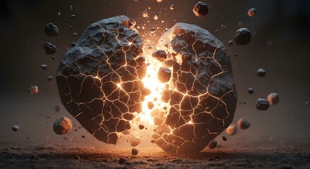 A dramatic depiction of a large, cracked asteroid breaking apart with glowing energy and smaller fragments dispersing into space in a cosmic scene