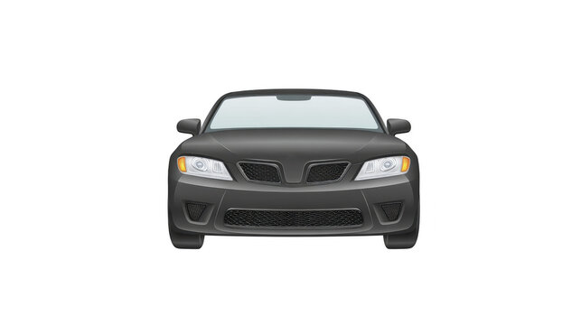Black car front view, modern sedan with headlights on, isolated on transparent background, realistic style, suitable for transportation, automotive, or vehicle design concepts