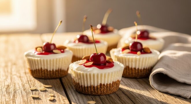 Delicious mini cheesecakes topped with fresh cherries and almonds, beautifully arranged on a rustic wooden table with a soft, warm light filtering through