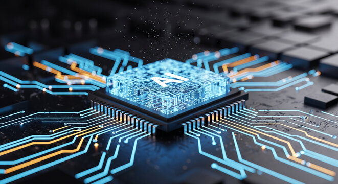 A closeup of a glowing blue ai processor chip on a circuit board.