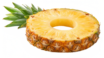 Slice of pineapple with green leaves, isolated on transparent background