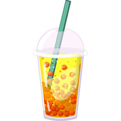 Pixelated yellow bubble tea with red and orange tapioca pearls and a green straw in a clear plastic cup with a clear lid