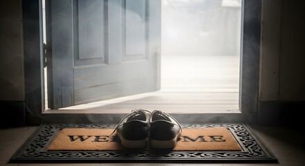 A pair of black shoes placed on a welcome mat at the entrance of a home with sunlight streaming in through the open door