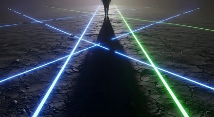 A person standing on a cracked surface illuminated by colorful laser beams crossing in multiple directions at night