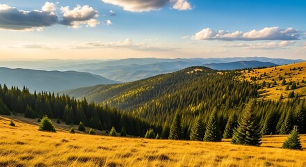 Golden Hour Mountain Vista Majestic landscape of rolling hills  scenic beauty.