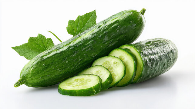 fresh cucumbers with slices isolated on white