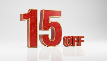 3D Red and Gold 15% OFF Discount Promotion Sign on White Background