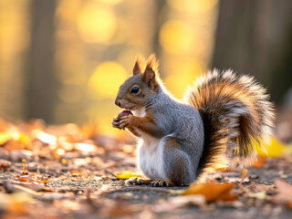 Obraz premium Adorable squirrel enjoys a tasty nut in golden autumn light, foraging in the park, perfect for nature lovers and wildlife enthusiasts everywhere