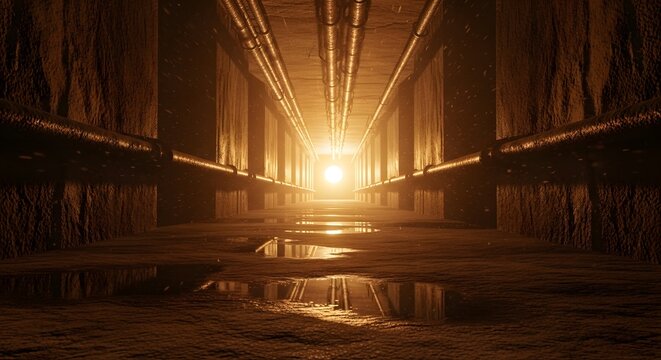 Sunlight streaming through a long, dark underground tunnel with reflective water puddles on the floor creating a dramatic and mysterious atmosphere