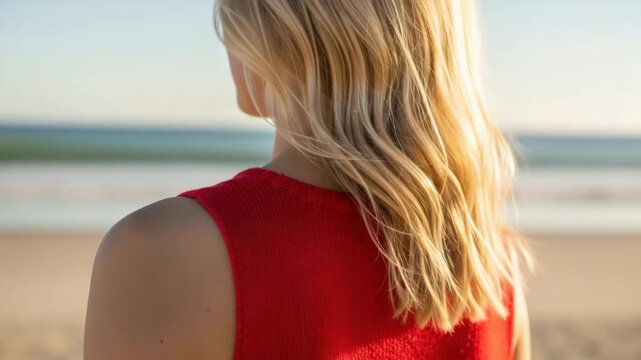 Rear view of a young adult caucasian woman with blonde hair looking out at the sea. Peaceful moment of contemplation on a sandy beach during a summer holiday. Cinematic banner concept