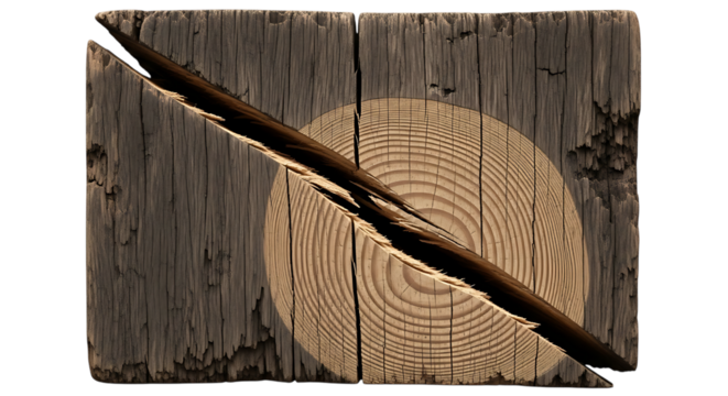 Close up wooden beam with deep crack texture showing annual rings on transparent backdrop