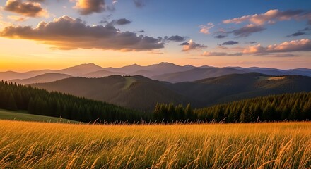 Golden hour over rolling mountain range with grassy foreground, and stunning sunset sky.
