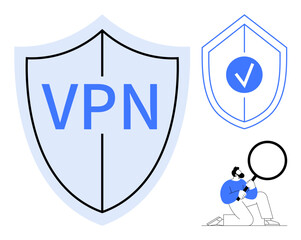 Large shield labeled VPN, smaller shield with tick mark, magnifying glass examining cybersecurity. Ideal for privacy, data protection, internet security, encryption, safe browsing IT awareness. A
