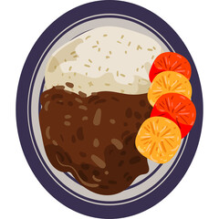 Top View of a Rice and Bean Dish with Sliced Tomatoes on a White Plate with Dark Blue Rim Isolated on Transparent Background
