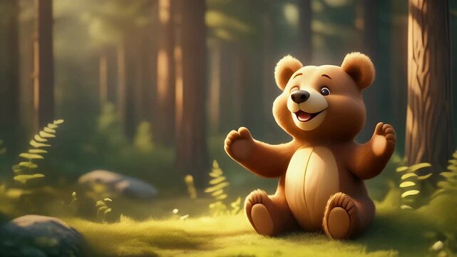 A cute animated bear sits in a sun-dappled forest.