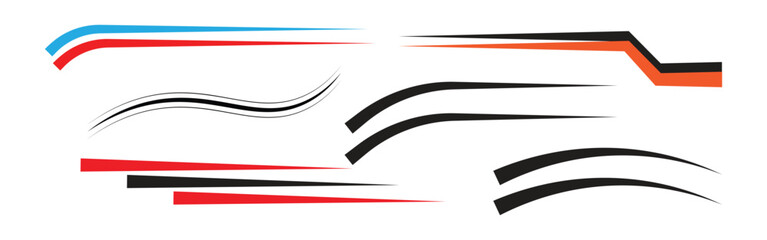 sport racing stripes vector set, turbo power speed and drift vinyl decals for car bike and truck, red blue black orange vehicle wrap tuning graphics