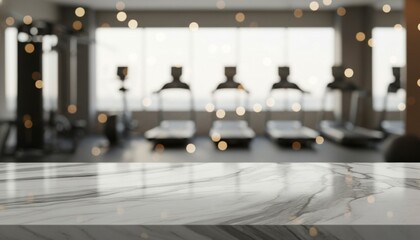 Elegant White Marble Countertop with Blurred Modern Gym Interior and Bokeh Lights