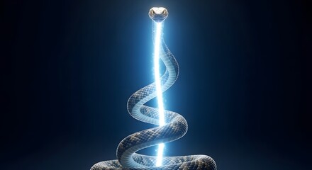 A digitally created image of a snake coiled around a glowing vertical light beam with a dark background, emphasizing a futuristic and mysterious atmosphere