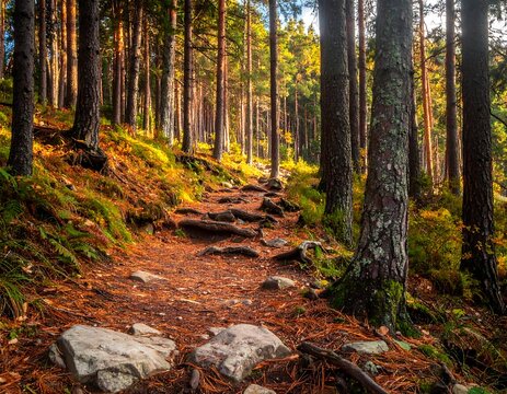 A sunlit path winds through a tall forest with mossy trees - Powered by Adobe