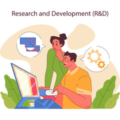 Two Professionals Collaborating on Research and Development Project Utilizing Digital Tools in a Modern Office Setting with Lush Green Foliage Accents