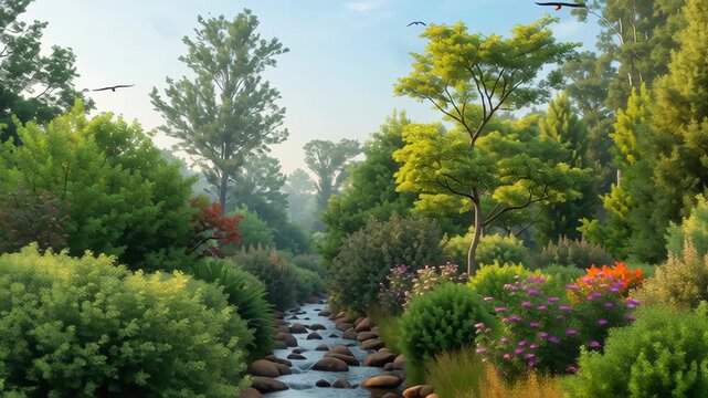 Nature reserve bird watching. Serene Lush Green Forest with Vibrant Foliage, River, and Birds in Clear Sky Creating Peaceful Atmosphere