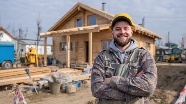 Construction Professional's Pride: A skilled construction worker stands proudly in front of a newly built house, embodying expertise, satisfaction, and the tangible results of hard work.