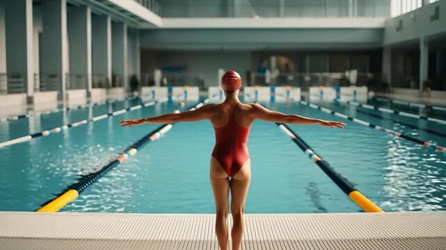 Female swimmer in red swimsuit and cap stands confidently at poolside, arms outstretched, preparing for dive, camera pans slowly to capture serene aquatic environment