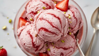 Strawberry Swirl Ice Cream Scoops in Glass Bowl with Fresh Strawberries and Pistachios, Overhead View