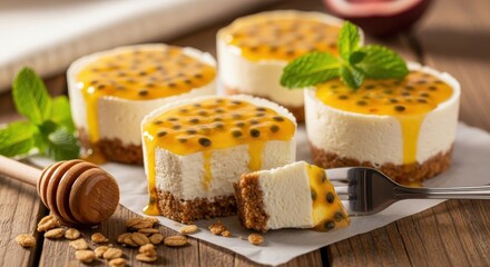 Four individual passion fruit cheesecakes with a crumb base, topped with passion fruit pulp and seeds, garnished with mint leaves