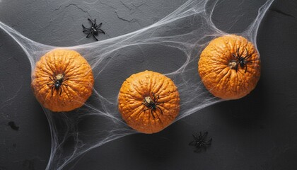 Decorative Halloween Pumpkins with Spiderwebs and Spiders on Dark Background