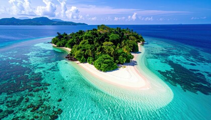 An aerial view showcases a vibrant tropical island paradise, featuring dense green foliage, a pristine white sand beach, and shallow, clear turquoise waters rev