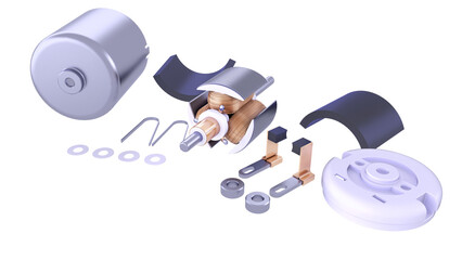 Complete Disassembly DC Electric Motor. Parts rotor, stator, winding, commutator, bearing, shaft. 3D rendering isolated on white background. Ideal for educational, engineering design