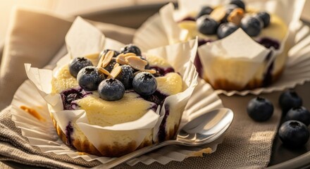 Two individual blueberry cheesecakes in paper liners, topped with fresh blueberries and slivered almonds, served on a textured cloth with a spoon