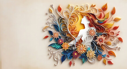 Autumn leaves and flowers. Female/nature fusion suggests human/environment harmony. Paper-cut style conveys lightness/elegance. Banner, horizontal poster for Happy Women's Day.